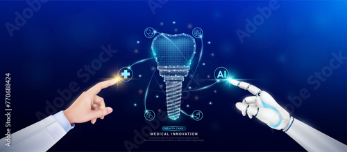 Dental implant in atom. Doctor and robot finger touching icon AI cross symbol. Health care too artificial intelligence cyborg or technology innovation science medical futuristic. Banner vector EPS10.