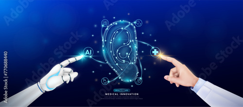 Human ear in atom. Doctor and robot finger touching icon AI cross symbol. Health care too artificial intelligence cyborg or technology innovation science medical futuristic. Banner vector EPS10.