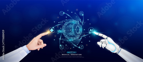 Eyeball human in atom. Doctor and robot finger touching icon AI cross symbol. Health care too artificial intelligence cyborg or technology innovation science medical futuristic. Banner vector EPS10.