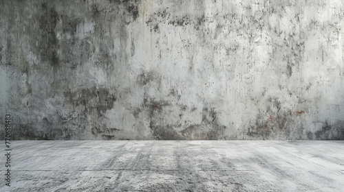 Empty room with white grungy concrete wall and floor, on a plain background, concept of space and structure, Generative AI. Generative AI