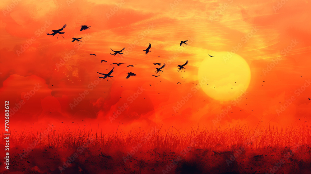 birds gracefully silhouette the colorful canvas of a sunset during migration birds gracefully silhouette the colorful canvas of a sunset during migration