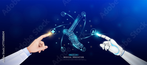 Ankle joint bone in atom. Doctor and robot finger touching icon AI cross symbol. Health care too artificial intelligence cyborg or technology innovation science medical futuristic. Banner vector.