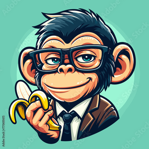 A cartoon chimpanzee wearing glasses and eating a banana photo