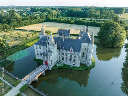 Aerial view of Kasteel van Laarne castle and its surrounding gardens, Laarne, East Flanders, Belgium.