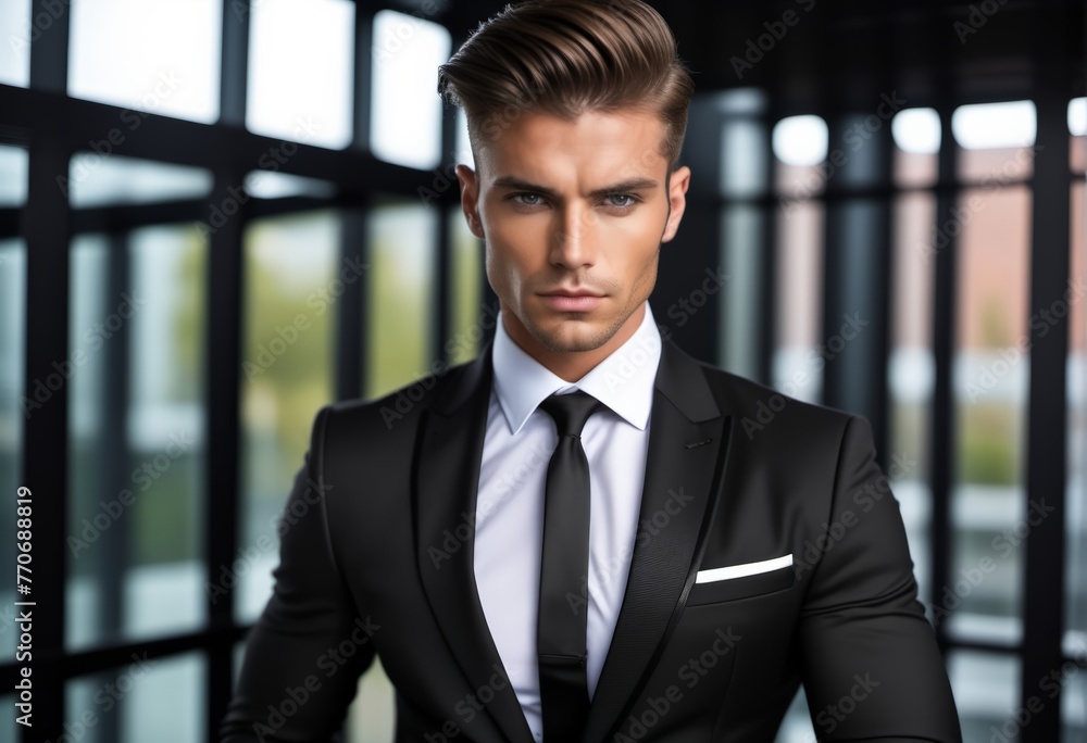 Confident caucasian businessman in a sharp suit posing against a modern office background, ideal for corporate professionalism and job interview concepts Confident caucasian businessman in a sharp suit posing against a modern office background, ideal for corporate professionalism and job interview concepts