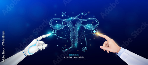 Female uterus in atom. Doctor and robot finger touching icon AI cross symbol. Health care too artificial intelligence cyborg or technology innovation science medical futuristic. Banner vector EPS10.
