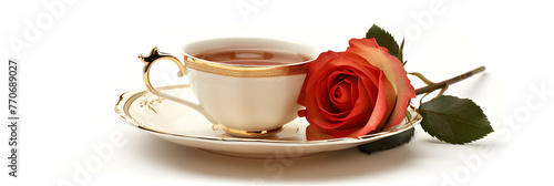 A cup of tea and red rose isolated on white transparent background Valentines Day and Mother's Day background    photo