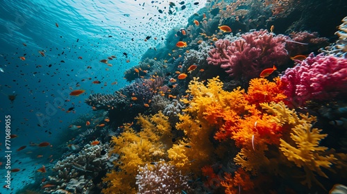 Beneath the Waves: An Enchanting View of Lush Coral Formations and Graceful Fish Dancing in Clear Blue Seas