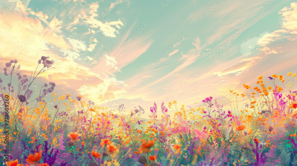 All the colorful flowers and the evening sky, illustration, generative ai