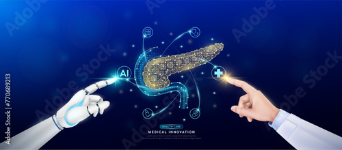 Human pancreas in atom. Doctor and robot finger touching icon AI cross symbol. Health care too artificial intelligence cyborg or technology innovation science medical futuristic. Banner vector EPS10.