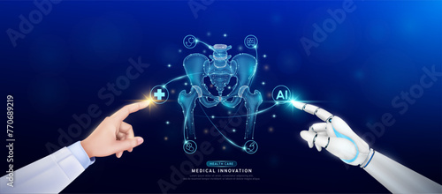 Pelvis bone in atom. Doctor and robot finger touching icon AI cross symbol. Health care too artificial intelligence cyborg or technology innovation science medical futuristic. Banner vector EPS10.