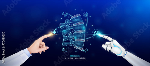 Spine joint bone in atom. Doctor and robot finger touching icon AI cross symbol. Health care too artificial intelligence cyborg or technology innovation science medical futuristic. Banner vector.