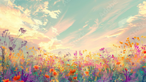 All the colorful flowers and the evening sky, illustration, generative ai © Armin