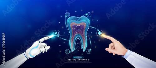 Human tooth in atom. Doctor and robot finger touching icon AI cross symbol. Health care too artificial intelligence cyborg or technology innovation science medical futuristic. Banner vector EPS10.
