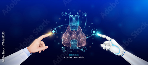 Thyroid gland human in atom. Doctor and robot finger touching icon AI cross symbol. Health care too artificial intelligence cyborg or technology innovation science medical futuristic. Banner vector.