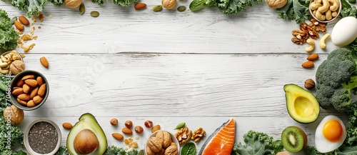 Healthy eating concept on a white wood background with copy space for text. Foods like nuts rich in fats, salmon fillets, avocado, eggs and kale leaves.ai generate. photo