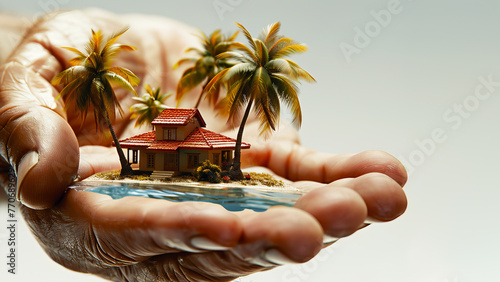 A hand holding a tiny tropical island with a house and palms, on a light background, illustrating the concept of dream vacation. Generative AI © Who is Danny