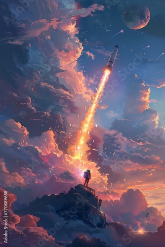 Kid's adventure soaring on a rocket at dusk