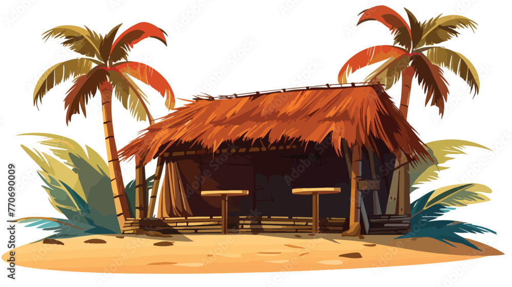 Hut or Bar with Thatched or Straw Roof and Palm Lea - obrazy, fototapety, plakaty 