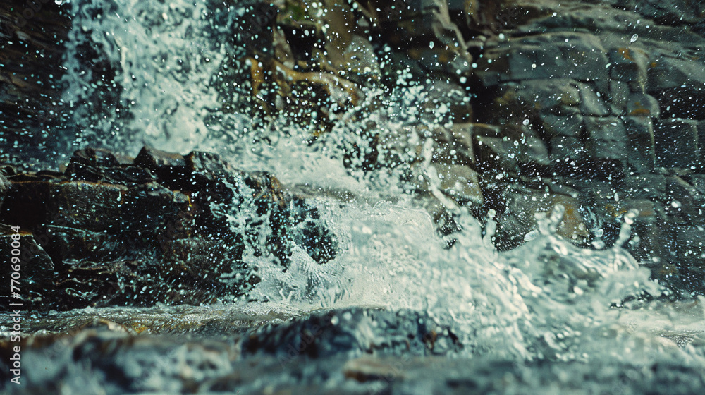 The base of a waterfall where water hits the rocks creating a dynamic splash and foam. - obrazy, fototapety, plakaty 