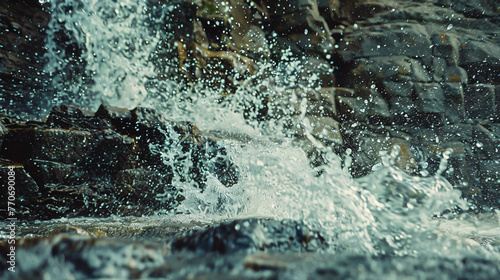 The base of a waterfall where water hits the rocks creating a dynamic splash and foam.
