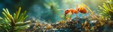 Closeup, vibrant and colorful ant exploring a photorealistic pine forest, natural lighting ,ultra HD,clean sharp