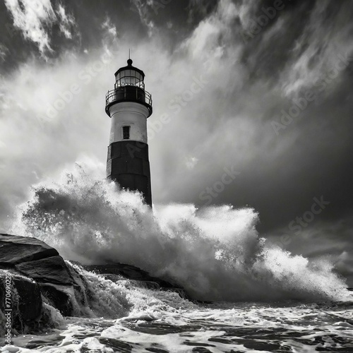 waves hitting the lighthouse in black and white 