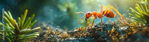 Closeup, vibrant and colorful ant exploring a photorealistic pine forest, natural lighting ,ultra HD,clean sharp © Oranuch