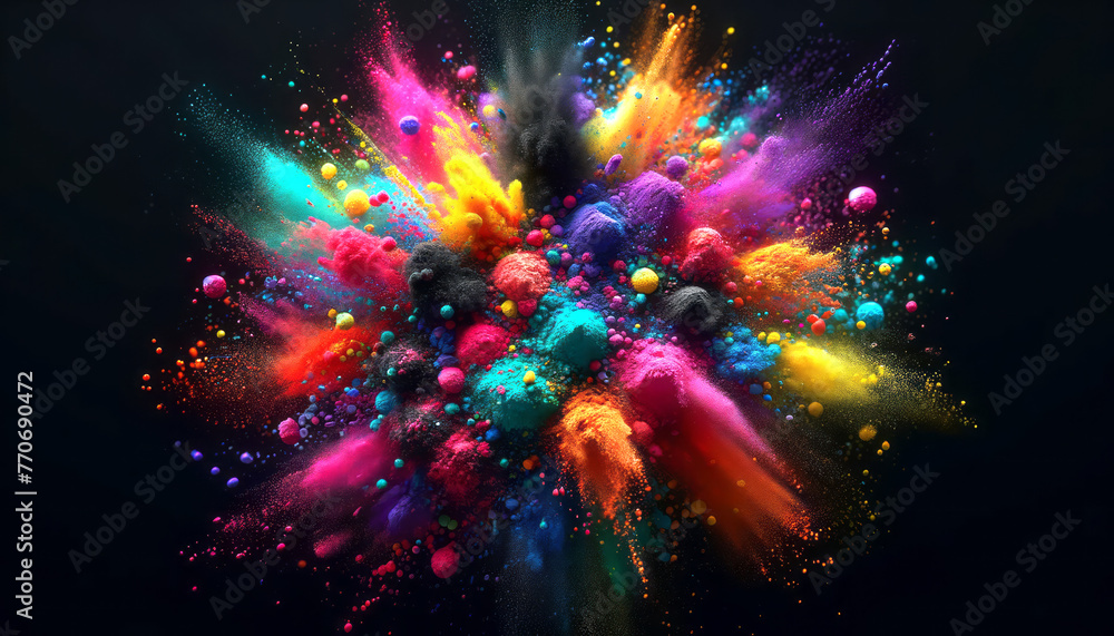 Fototapeta premium Explosive burst of colorful paint particles on a dark background. Dynamic abstract concept. Generative AI