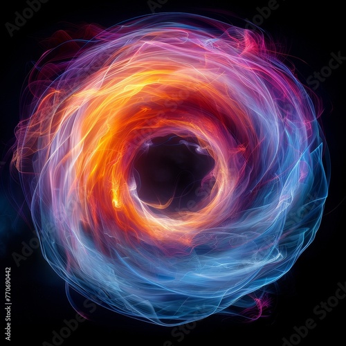An overlay photograph of a energetic light beams that swirls on a black background.
