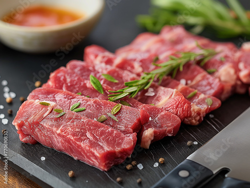 Juicy raw beef steaks with rosemary, pepper, and greens on a cutting board, cooking preparation