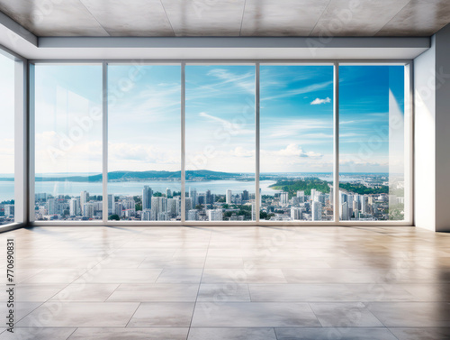Spacious room with large windows offering a panoramic view of an urban cityscape. Modern living concept Generative AI