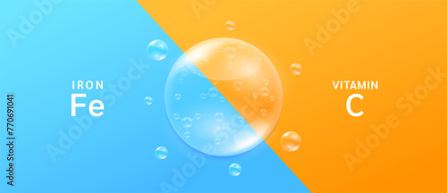 Orange vitamin C droplet and blue iron minerals solution. Supplements you should take in pairs for good health. Vitamins complex nourish the body. Medical scientific concepts. Banner vector.