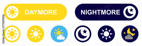 Vector day night switch. Screen modes icons set. Sun and moon with clouds in circle day and night concept. Light and dark icon. Day and night mode gadget application. Vector illustration