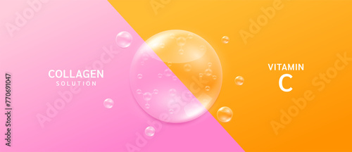 Orange vitamin C droplet and pink collagen solution. Supplements you should take in pairs for good health. Vitamins complex minerals nourish the body. Medical scientific concepts. Banner vector. photo