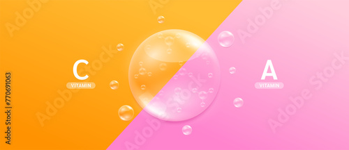 Orange vitamin C droplet and pink vitamin A solution. Supplements you should take in pairs for good health. Minerals nourish the body. Medical scientific concepts. Banner vector.