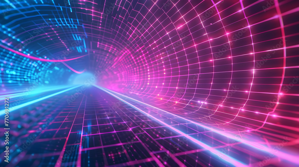 
A visually stunning, neon-lit tunnel stretching into the distance with vibrant colors and dynamic patterns, evoking a sense of futuristic energy and motion