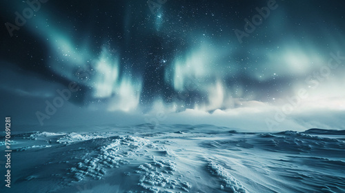The frozen expanse of a snowy landscape under the aurora borealis offering a magical and ethereal view.