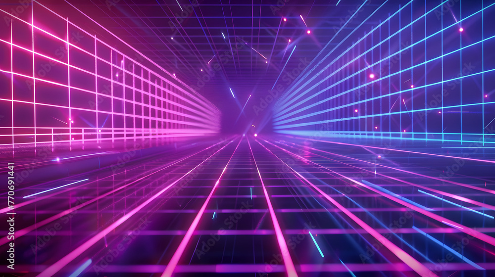 A futuristic pathway illuminated by neon lights of vibrant pink and blue hues, converging toward a central point with a dazzling glow A futuristic pathway illuminated by neon lights of vibrant pink and blue hues, converging toward a central point with a dazzling glow