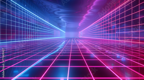 A corridor with a neon-lit grid pattern, stretching into the distance with vibrant pink and blue lights creating a futuristic atmosphere