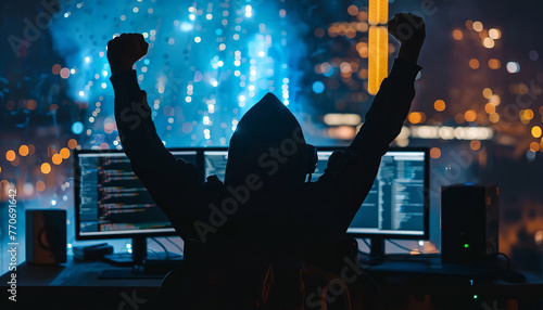 Against a backdrop of codes and digital chaos - the silhouette of a hacker rejoices after successfully infiltrating a network with ransomware wide photo
