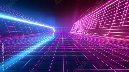 A cyberpunk-inspired corridor with vibrant neon lights, creating a futuristic and immersive atmosphere