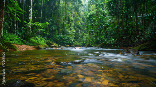 The gentle flow of a clear stream through a dense vibrant forest teeming with life.