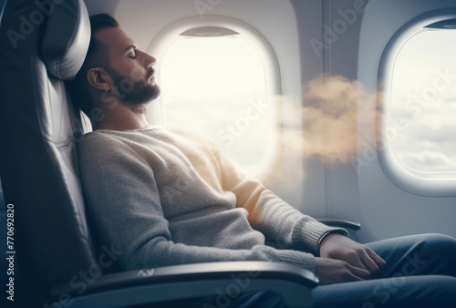 Man resting on an airplane © LeonPhoto
