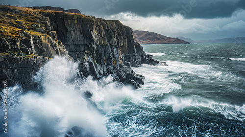 The rugged terrain of a coastal cliff against the backdrop of a stormy sea depicting natures raw power.