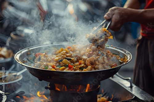 Street vendor serving up a steaming bowl of traditional cuisine. 