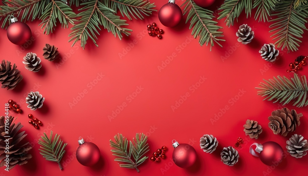 Christmas composition. Christmas red decorations, fir tree branches on red background with pine cones decorations