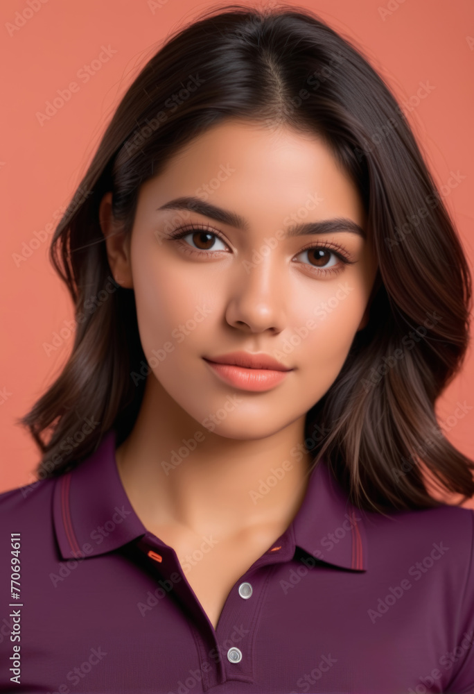 Portrait of a confident young Latina woman in a purple shirt, ideal for International Women's Day and beauty concepts Portrait of a confident young Latina woman in a purple shirt, ideal for International Women's Day and beauty concepts