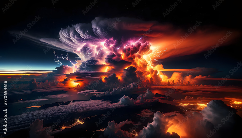 The towering thunderstorm over Panama, as viewed from high above, has been brought to life with vibrant colors and dramatic contrasts, capturing the natural spectacle in a wide view - obrazy, fototapety, plakaty 
