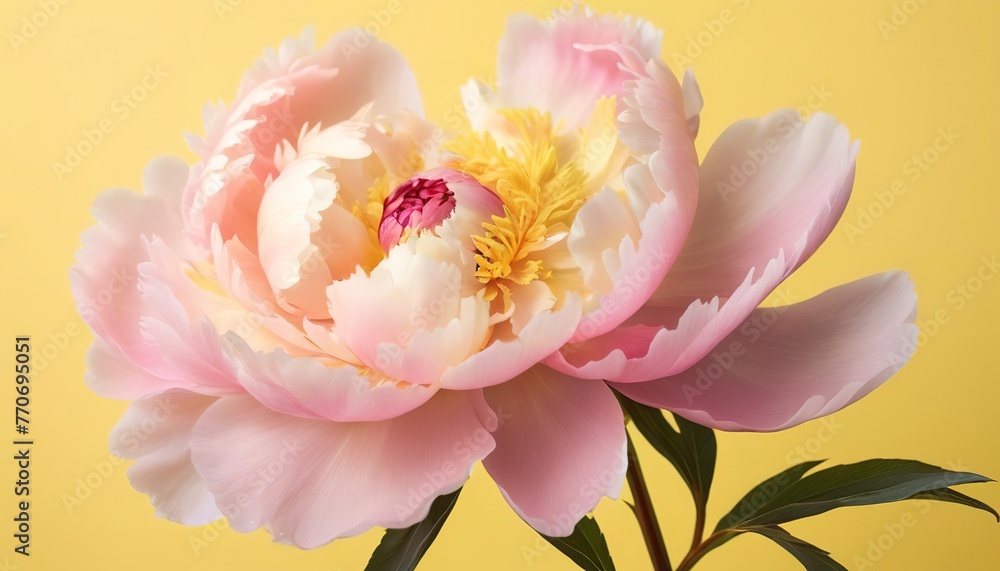 delicate pastel pink peony on a bright yellow background